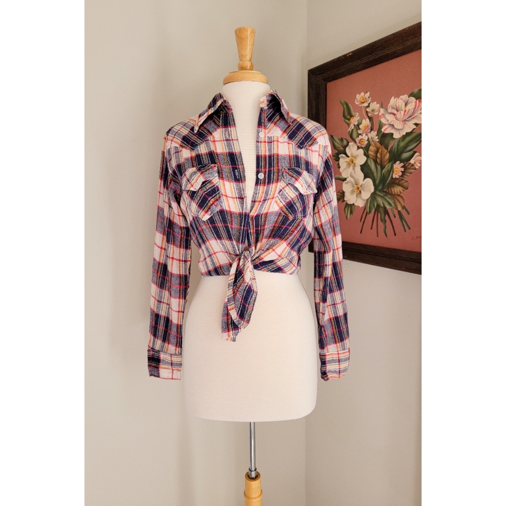 70s Plaid Cotton Gauze Long Sleeve 1970s Vintage Button Down India Cotton Blouse - Picture 10 of 15